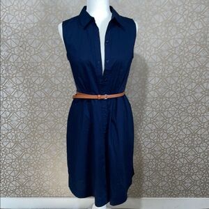 Roz & Ali Blue Sleeveless Midi Dress Notched Collar